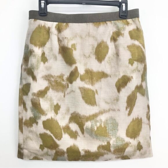 LOFT Ann Taylor Olive Green Gold Watercolor Splatter Print A Line Mini Skirt - Picture 1 of 15